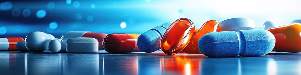 Pills on shiny surface with blue background