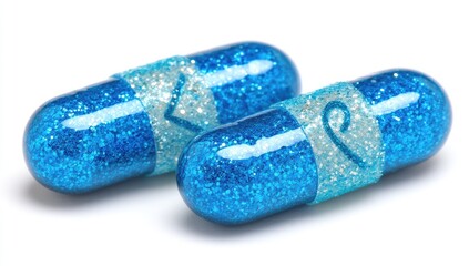 Two blue, sparkly capsules, decorated with ribbons