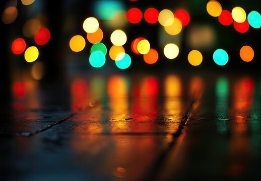 Bokeh lights reflect on wood floor, colorful and festive - Powered by Adobe