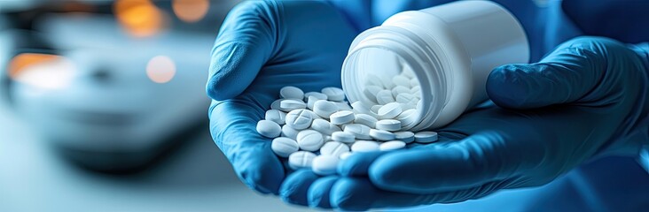 Pills spill into gloved hands from overturned bottle