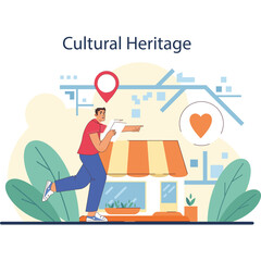 Man with Map and Heart Icon Exploring Cultural Heritage Site with Store and Map Overlay Representing Tourism and Discovery