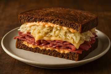 Pastrami Sandwich on Rye with Melted Cheese & Sauerkraut  Close-Up Deli Food Photo for Menu