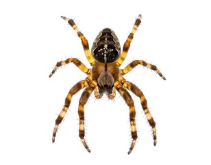 Overhead shot of a brown and yellow spider with intricate markings