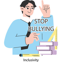 Man Wearing Light Blue Shirt and Tie Points Finger Upwards With Stack of Books and Ruler Demonstrating Stop Bullying Message Inclusivity Concept With Transparent Background
