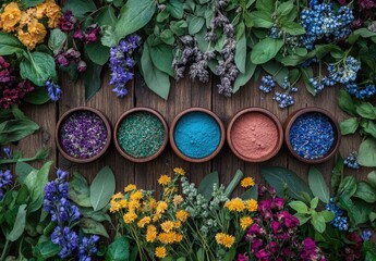 Floral frame of bowls filled with colorful dried herbs