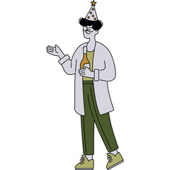 Man Wearing Party Hat Holds Bottle While Wearing Glasses Jacket and Pants White Background Festive Celebration