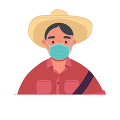 Man Wearing Straw Hat and Face Mask Standing Against White Background Neutral Expression Close Up Portrait