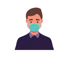 Man Wearing Teal Face Mask and Dark Blue Collared Shirt with Purple Collar Standing Against White Background During Daytime Clean Healthcare Protection Concept