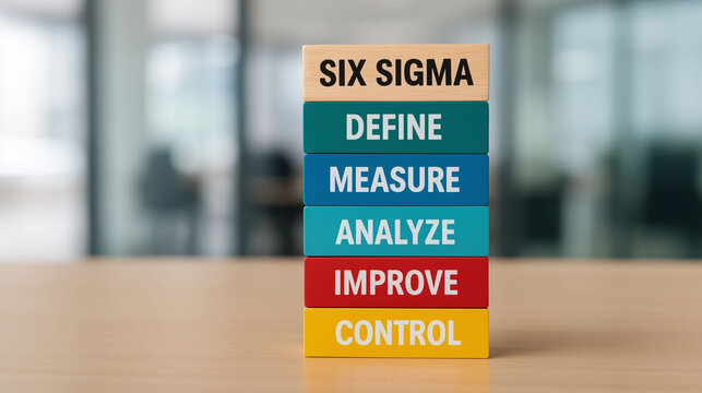 Six sigma blocks model   define measure analyze improve and control steps representing process improvement quality management corporate performance optimization and business efficiency methodology