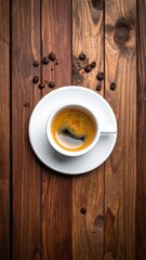 Overhead shot of a coffee cup with dark espresso, beans scattered