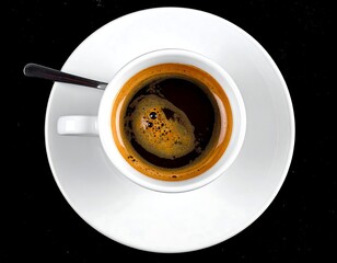 Overhead shot of a coffee cup with a saucer and spoon