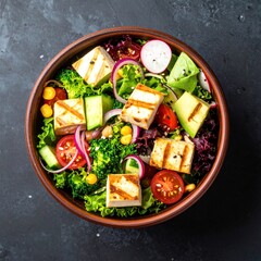 Overhead shot of a colorful and healthy salad in wooden bowl