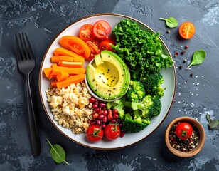 Overhead shot of a colorful, healthy bowl with assorted vegetables and grains