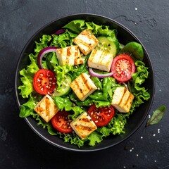 Overhead shot of a colorful salad with grilled tofu in a black bowl