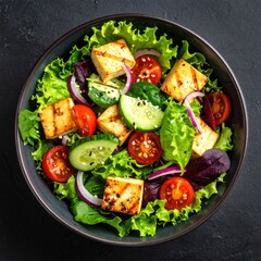 Overhead shot of a colorful salad with grilled tofu in a dark bowl