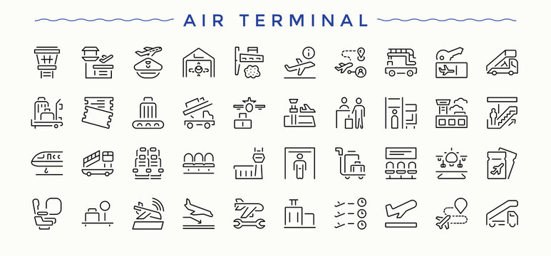 Air Terminal modern icon set. Modern vector UI icons. Contain linear symbols air, fly, airport, flight, tour. Editable stroke collections. Tourism icon set.