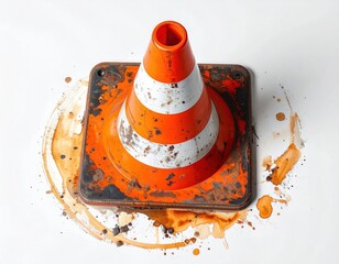 Overhead shot of a dirty traffic device on a white surface with splatters
