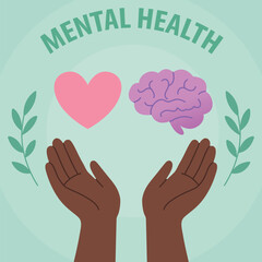 Mental health illustration with heart, brain and hands symbolizing emotional wellbeing and support, Emotional Intelligence and Mental Health Balance, flat vector illustration, isolated background 