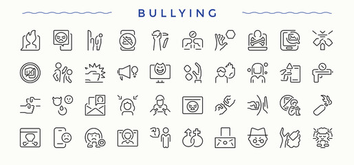 Bullying linear icon collection. Includes thin line symbols hate, sex, disgust, sexual and more. Assault icon set. Isolated icons. Pixel perfect. Editable vector.
