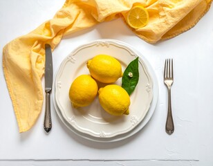 Overhead shot of a dish with lemons, cutlery, and yellow cloth