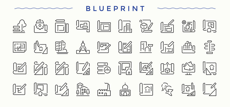 Blueprint icon set. UI icons set in a thin style. Editable stroke vector art. Blueprint simple icon set. Contain linear sign architecture, plan, house, drawing, design and more.