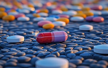 Colorful pills scattered across a pebbled, textured surface