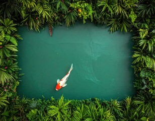 Overhead shot of a koi fish swimming in a teal pond surrounded by green foliage