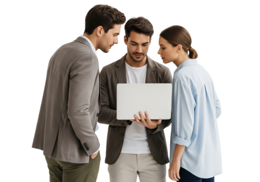 Business team working together with laptop isolated on white