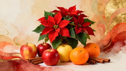An abstract background with a beautiful bouquet of Christmas flowers, like poinsettias, surrounded by festive fruits like apples, oranges, and cinnamon sticks.