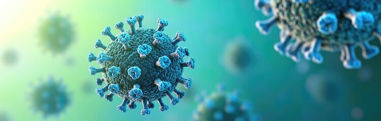 Blue spiky viruses float against green background