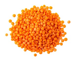 Overhead shot of a pile of dried red lentils, isolated on white