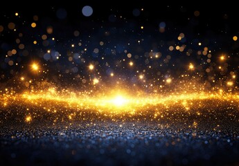 Golden light bursts amidst dark, glittering particles