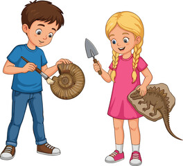 Children exploring fossils with brush and trowel in archaeology site, paleontology science discovery, cad drawing flat vector illustration © Creatives World