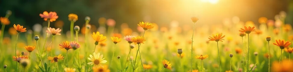 A sunlit field of wildflowers gently swaying in the breeze, promising a bright and hopeful future Perfect for themes of optimism, growth, and new beginnings , optimism, texture