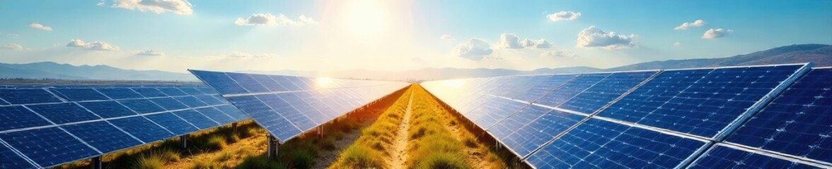 A vast solar farm stretches across a sun-drenched landscape, rows of photovoltaic panels gleaming under a bright blue sky, generating clean, renewable energy , grid power, eco-friendly