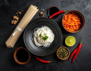 Overhead shot of a prepared noodle dish with various fresh ingredients