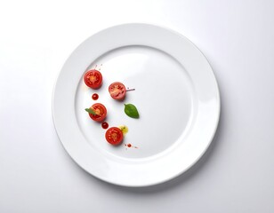 Overhead shot of a plate with halved tomatoes and basil garnish