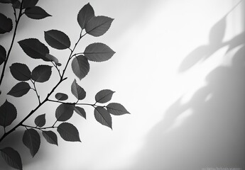 Branch with leaves casts shadow on white background