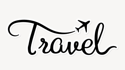 Travel word, simple black calligraphy text with white outline