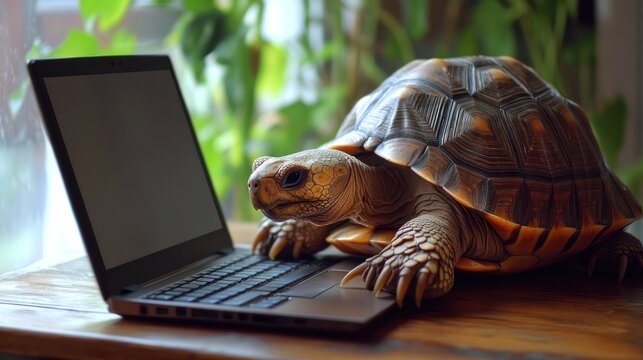Tortoise using a laptop computer, representing slow internet connections