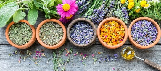 Dried herbs and flowers in pots, with honey