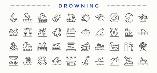 Drowning vector line icon set. Sea minimal icons pack. Modern vector UI icons. Ocean icon set. Editable vector.
