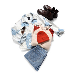 Tie-dye denim jacket with boots, jeans, sweater, hat and sunglasses on white background