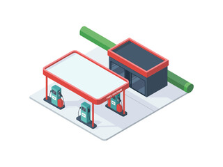 Gas station with office, red trim canopy, two fuel islands, service lane, roadside stopover, petroleum retail facility, illustration