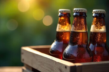 Ice-cold beer bottles sweating condensation, sitting in a rustic wooden crate, ready to be enjoyed on a hot summer day , wooden box, cold beer
