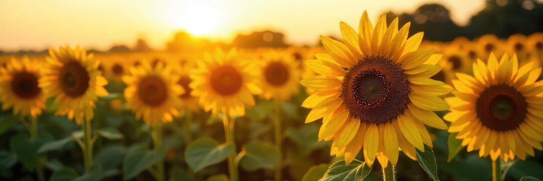 Golden hour sunlight bathes a field of ripe sunflowers, their heavy heads bowing under the weight of summer's bounty A quintessential image of summer abundance and warmth , rural, blossom, sunny