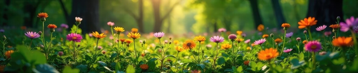 Obraz premium Lush wildflowers carpet a sun-dappled forest floor, creating a vibrant and enchanting scene Perfect for nature, spring, and environmental themes , tranquil, beautiful, dappled light