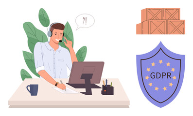 Male support agent at desk using headset and computer, beside GDPR compliance badge and stacked boxes. Ideal for customer service, logistics, GDPR, data security, communication, tech support, office