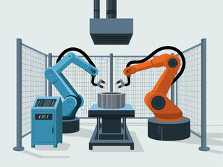 Industrial robotic arms working, overhead press machine, control cabinet beside, automated production process, factory equipment scene, vector illustration