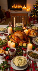Fototapeta premium Festive Holiday Dinner Table with Roasted Turkey and Candles
